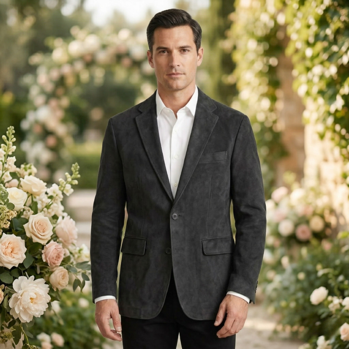 The Policoro Men’s Single Breasted Suede Blazer with Notched Lapel - Wedding Guest