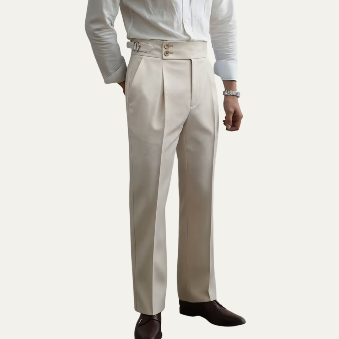 The Claremont Men’s High Waisted Linen Dress Trousers with Adjustable Side Buckle Waist