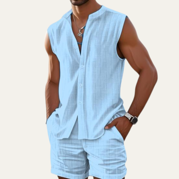 The Ironbridge Men’s Summer Sleeveless Button Up Shirt &amp; Shorts Set