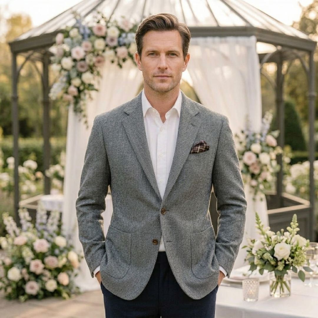The Gravedona Men’s Office Herringbone Single Breasted Wool - Wedding Guest Tweed Blazer Jacket