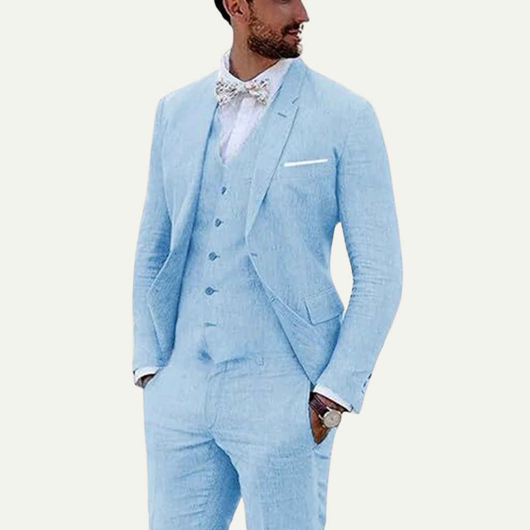 The Catanzaro Men’s Luxury Linen 3 Piece Suit – Slim Fit Jacket Vest Pants