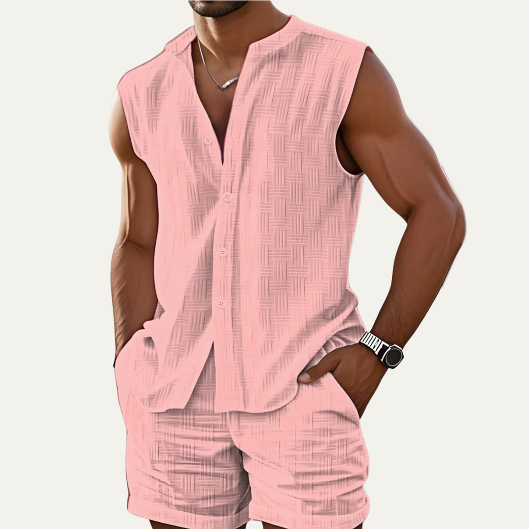 The Ironbridge Men’s Summer Sleeveless Button Up Shirt &amp; Shorts Set