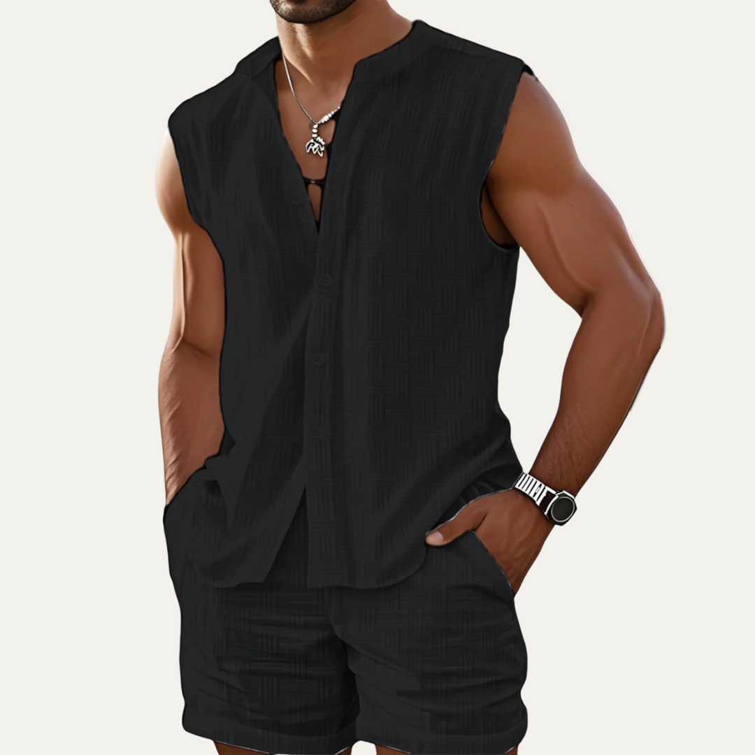 The Ironbridge Men’s Summer Sleeveless Button Up Shirt &amp; Shorts Set