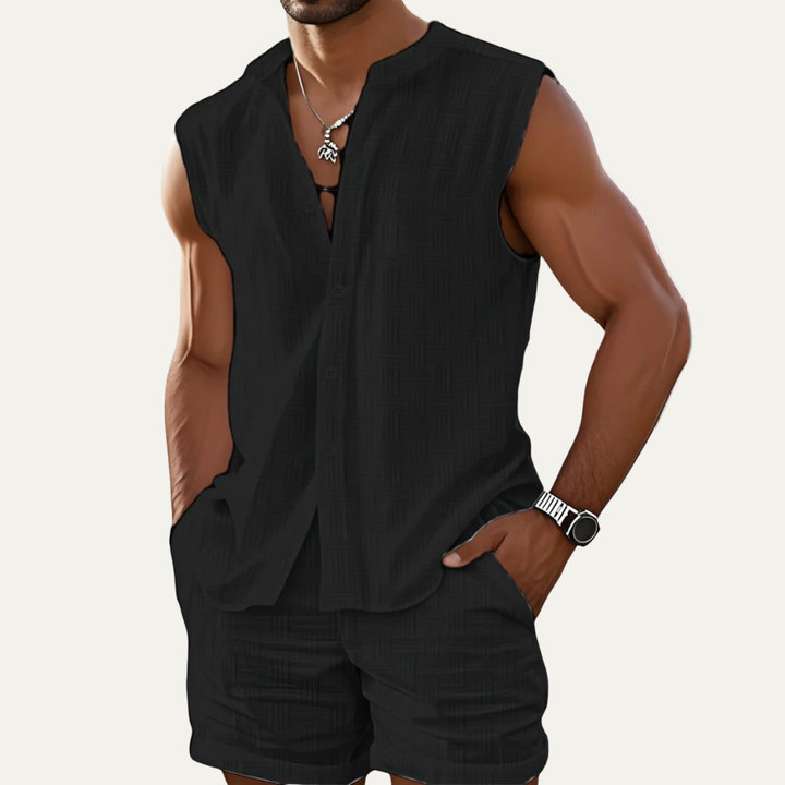 The Ironbridge Men’s Summer Sleeveless Button Up Shirt &amp; Shorts Set