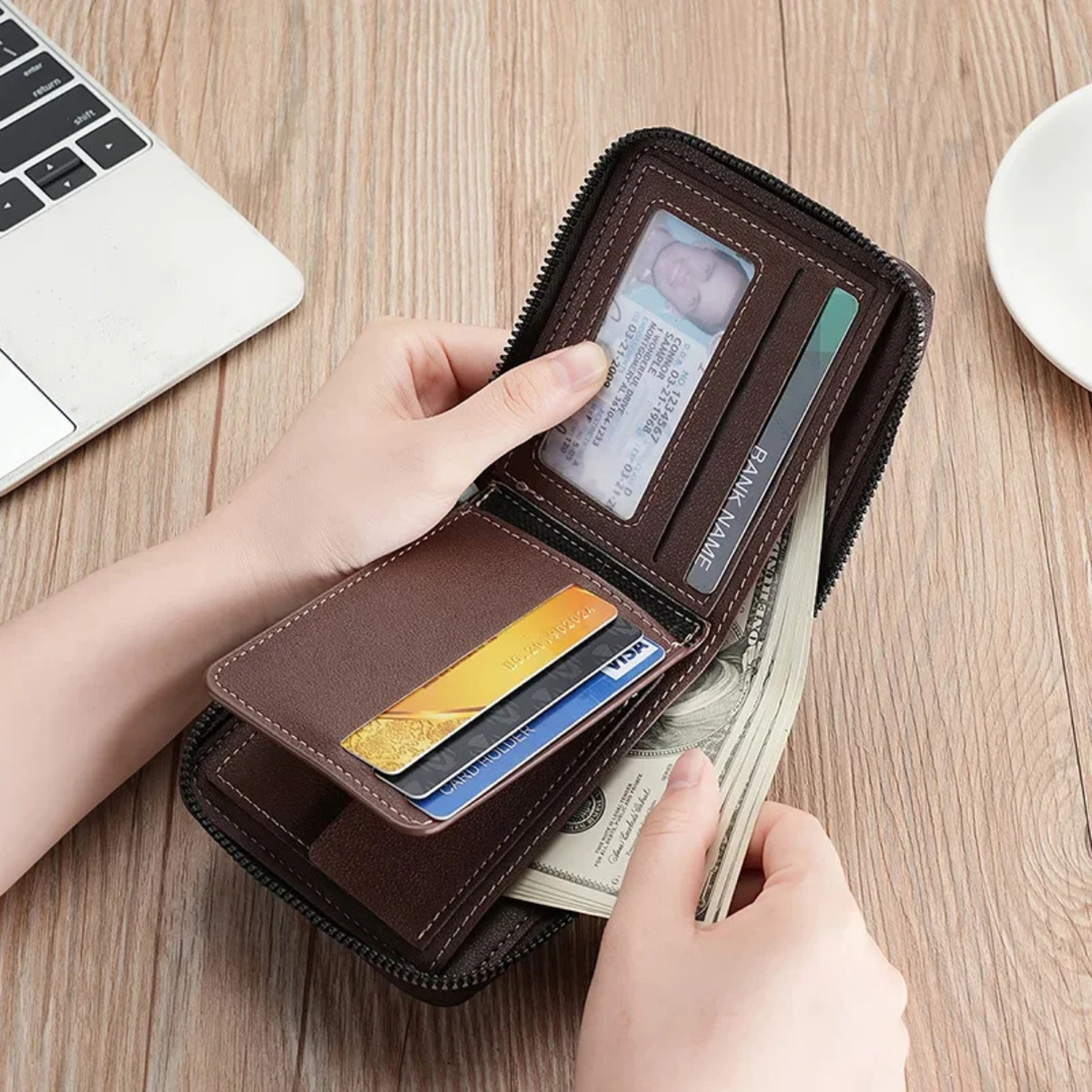 Men’s Leather Zip Wallet – RFID Card Holder with Coin Pocket