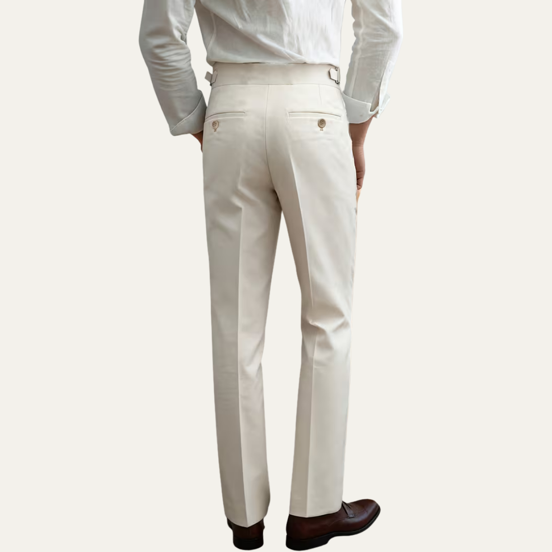 The Claremont Men’s High Waisted Linen Dress Trousers with Adjustable Side Buckle Waist