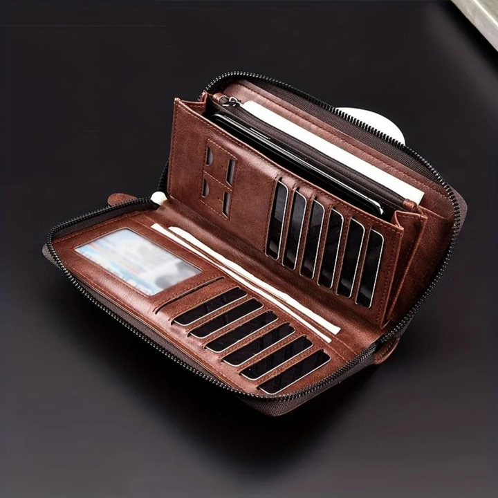 Men’s Long Zip Wallet – RFID Blocking Leather Card Holder Clutch