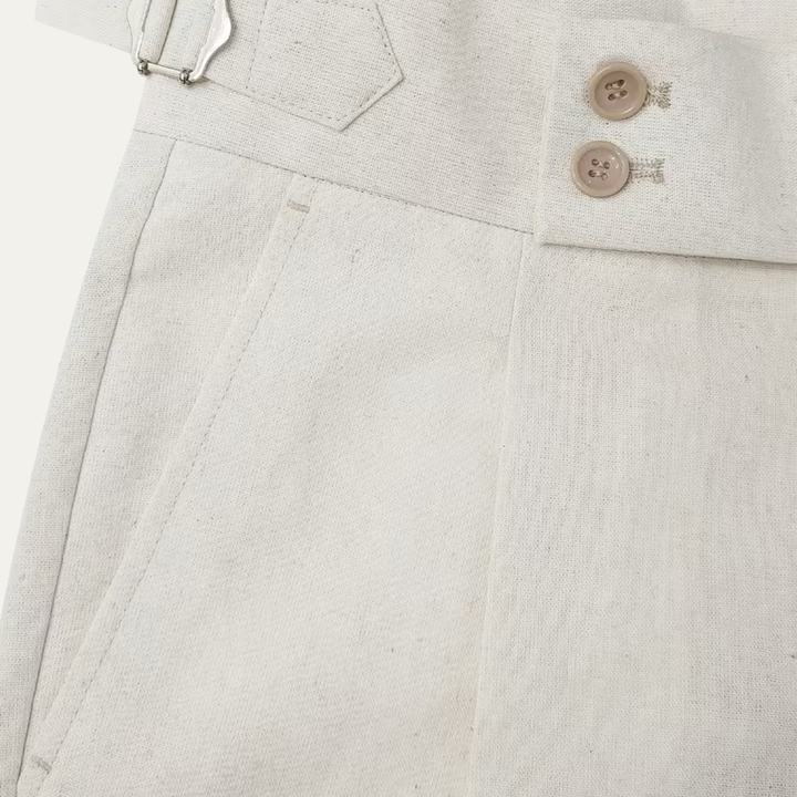 The Claremont Men’s High Waisted Linen Dress Trousers with Adjustable Side Buckle Waist