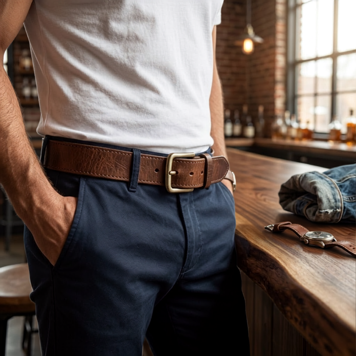 Men’s Thick Cowhide Leather Belt with Metal Pin Buckle