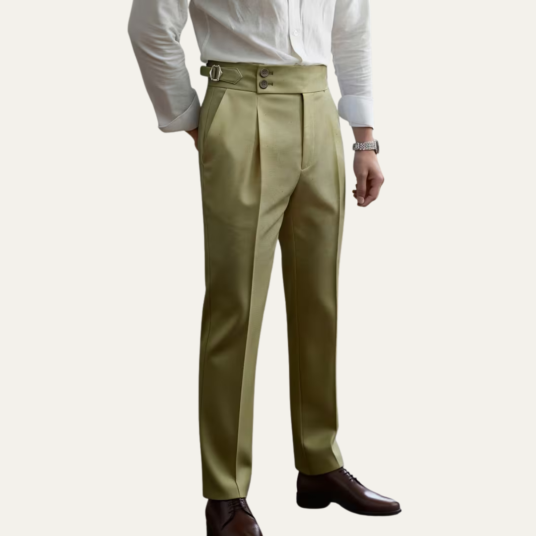 The Claremont Men’s High Waisted Linen Dress Trousers with Adjustable Side Buckle Waist