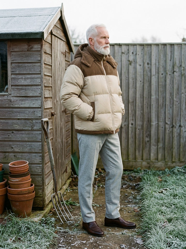 Abbott puffer jacket in Sand, lifestyle, Gentlemens Manor