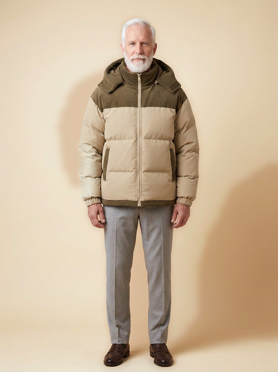 Abbott puffer jacket in Sand, studio, Gentlemens Manor