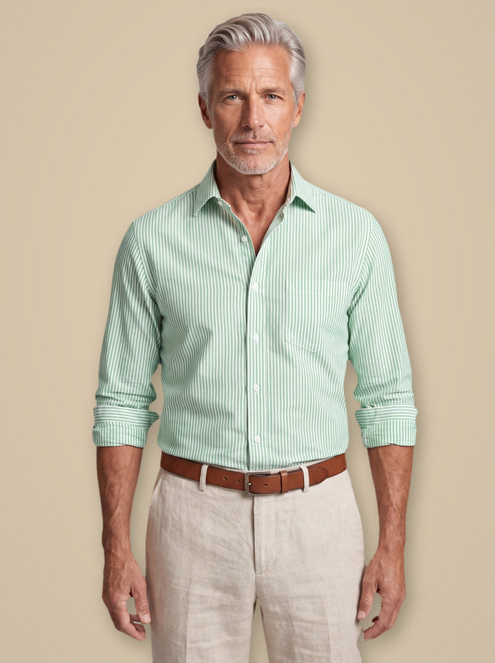 Abel casual shirt in Green, worn by a model on a warm taupe studio background - Gentlemens Manor