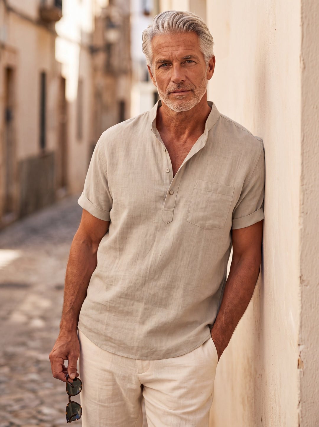 Abraham Men linen shirt in Sand, worn by a model on a Mediterranean terrace - Gentlemens Manor lifestyle