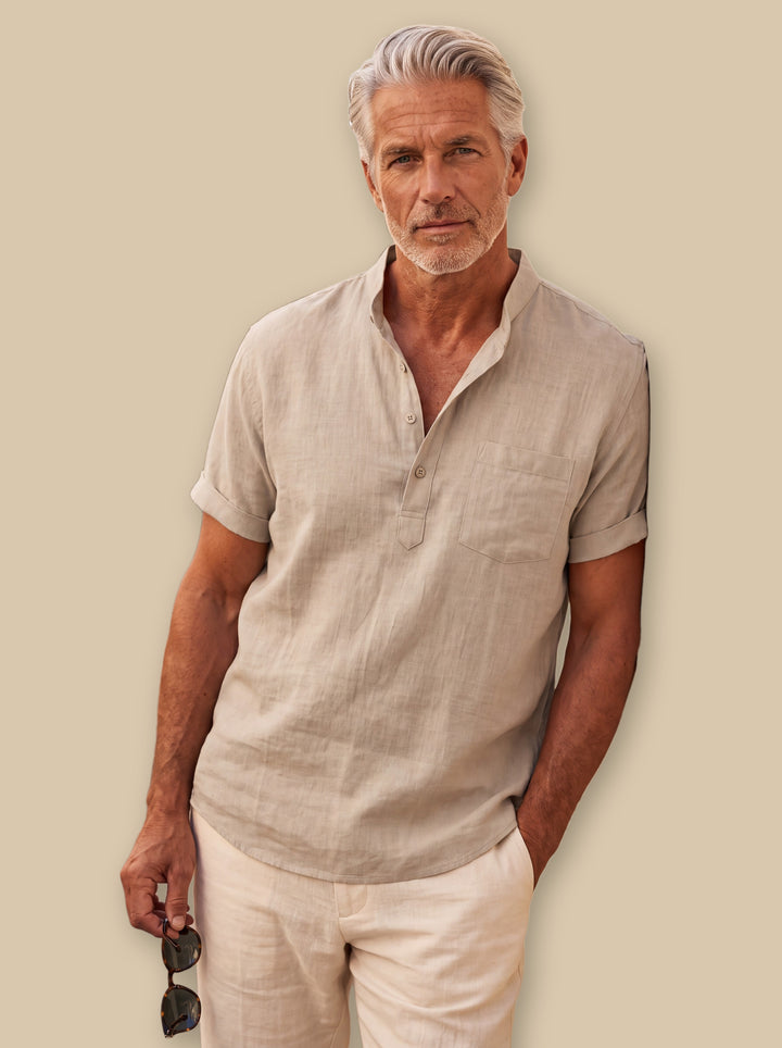 Abraham linen shirt in Sand, studio - Gentlemens Manor