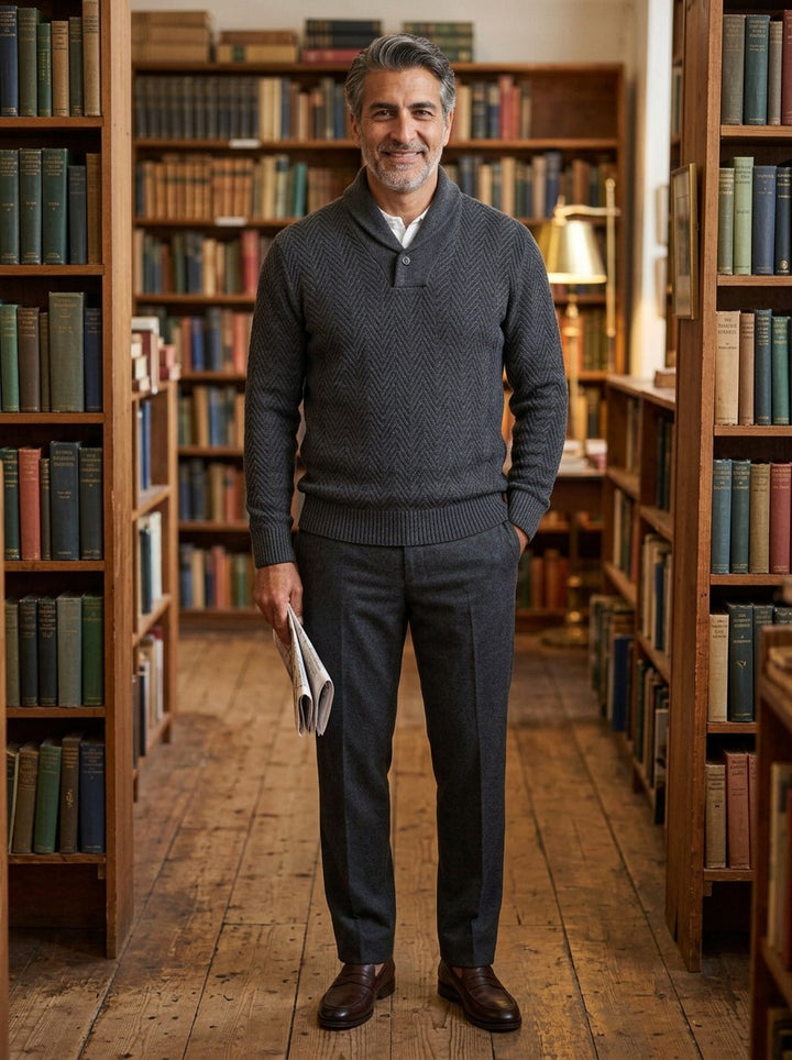 Ainsley sweater in Charcoal, lifestyle in a secondhand bookshop, Gentlemens Manor