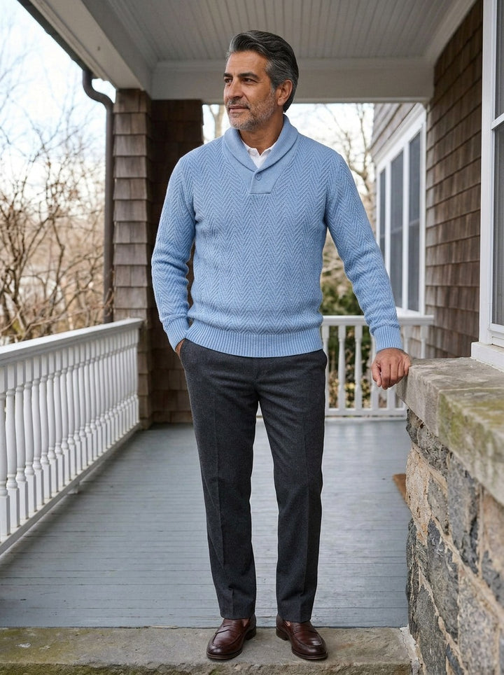 Ainsley sweater in Light Blue, lifestyle on a covered porch, Gentlemens Manor