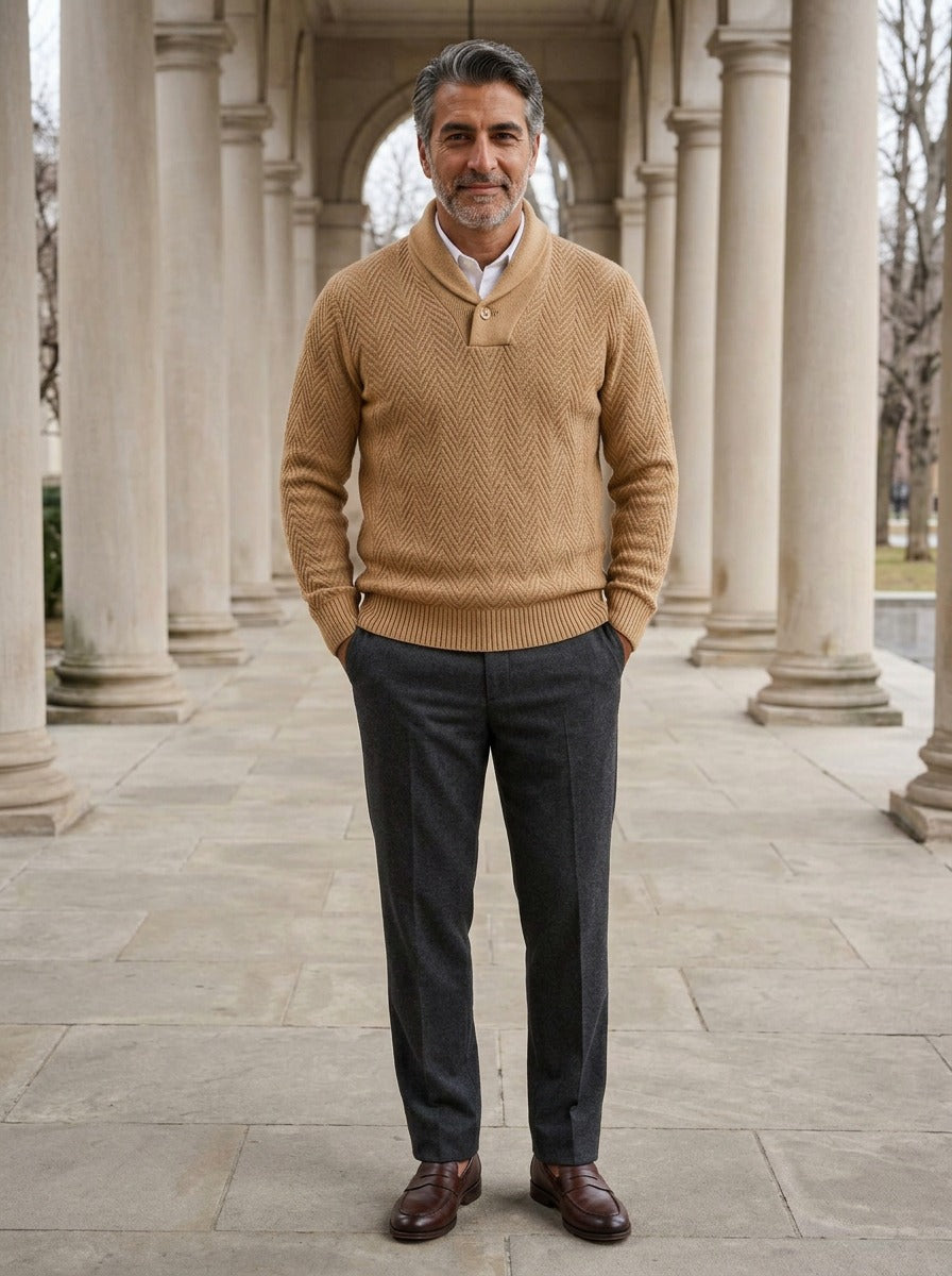 Ainsley sweater in Sand, lifestyle in a stone colonnade, Gentlemens Manor