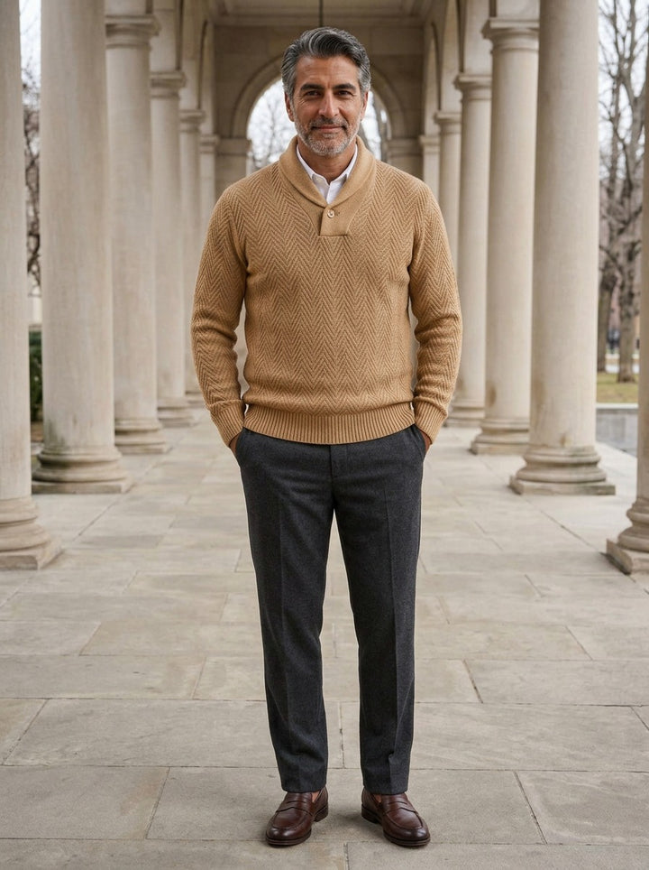 Ainsley sweater in Sand, lifestyle in a stone colonnade, Gentlemens Manor