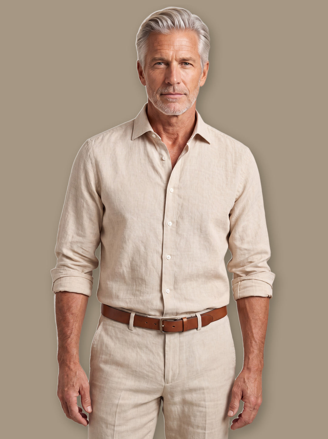 Albert linen shirt in Sand, worn by a model on a warm taupe studio background - Gentlemens Manor