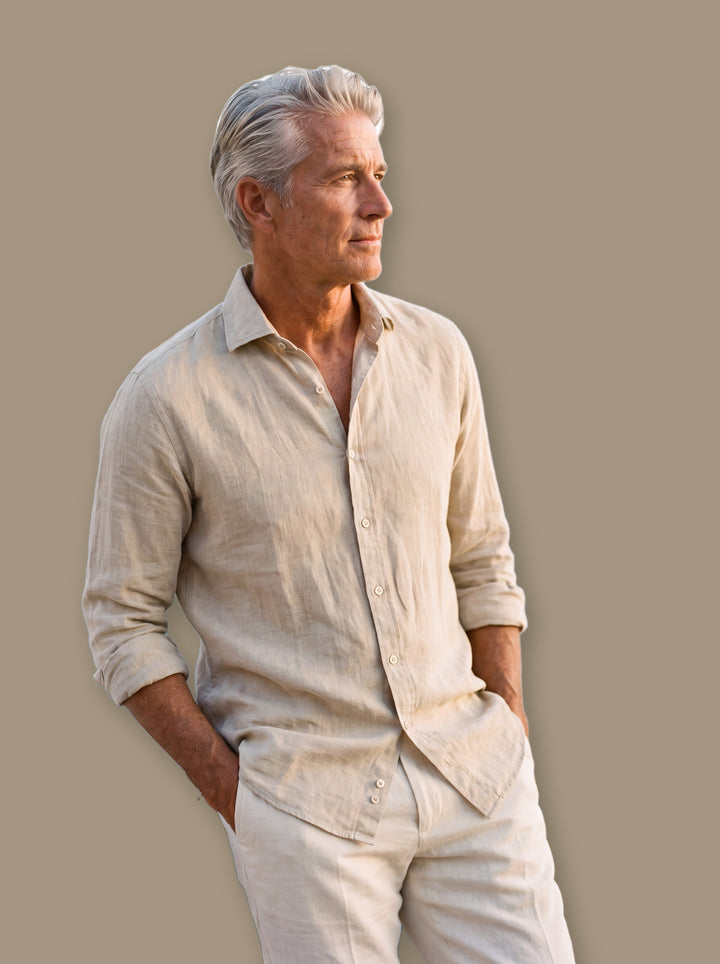 Albert linen shirt in Sand, studio - Gentlemens Manor