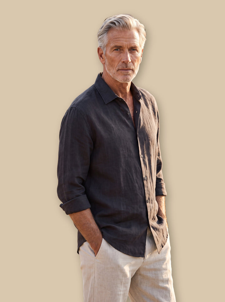 Alden linen shirt in Black, studio - Gentlemens Manor