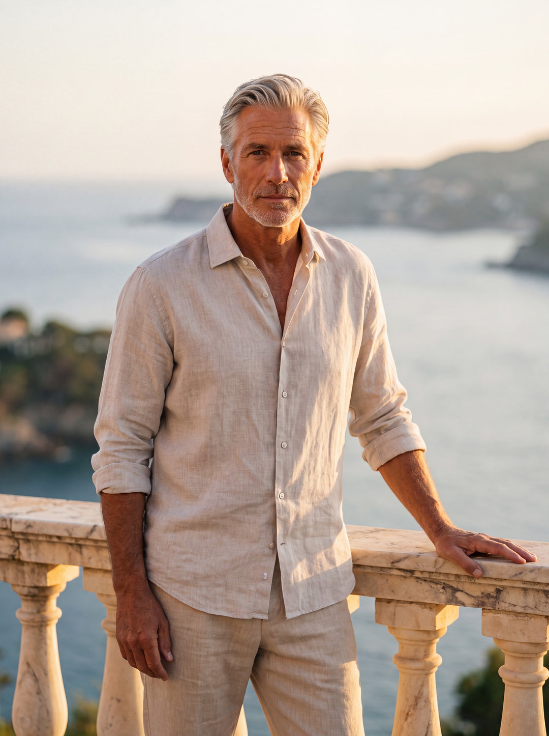 Alden Men linen shirt in white, worn by a model on a Mediterranean terrace - Gentlemens Manor lifestyle