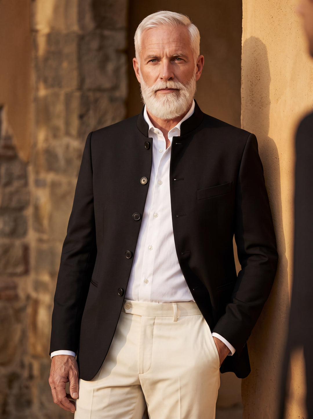 Aldrich blazer in Black, worn by a model in a Mediterranean setting - Gentlemens Manor lifestyle