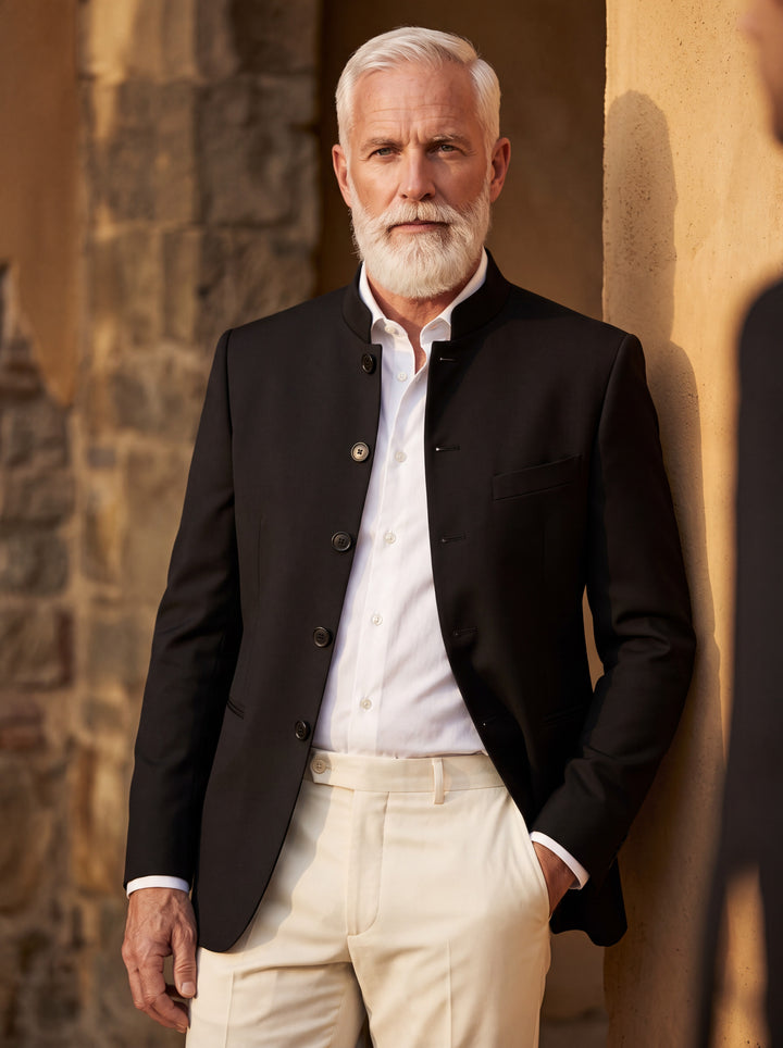 Aldrich blazer in Black, worn by a model in a Mediterranean setting - Gentlemens Manor lifestyle