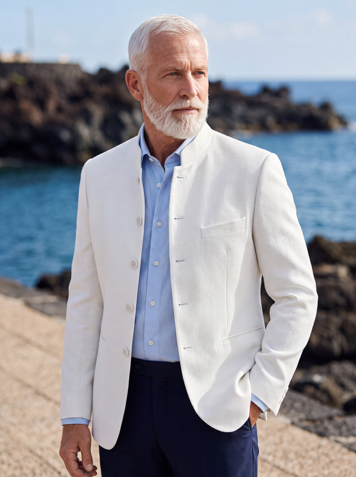 Aldrich blazer in White, worn by a model in a Mediterranean setting - Gentlemens Manor lifestyle