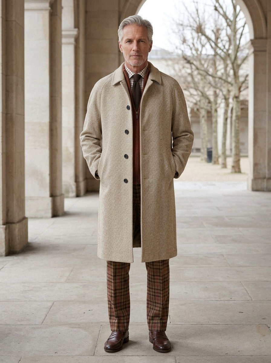 Alford herringbone raglan overcoat in Beige, lifestyle in a stone colonnade, Gentlemens Manor