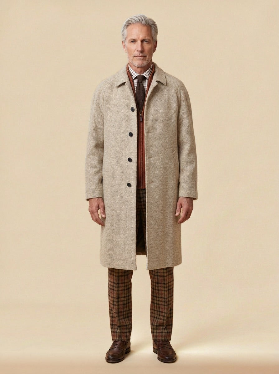 Alford herringbone raglan overcoat in Beige, studio, Gentlemens Manor