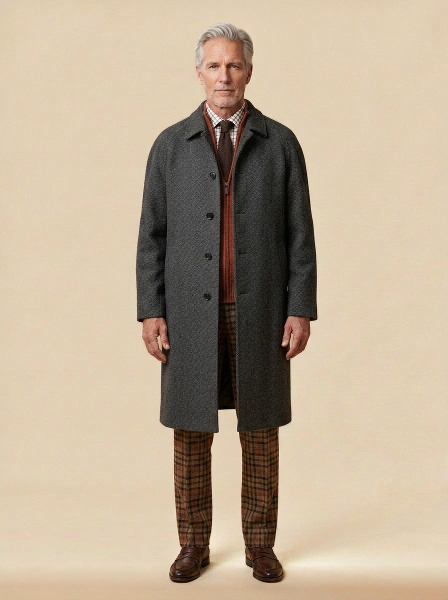 Alford herringbone raglan overcoat in Charcoal, studio, Gentlemens Manor