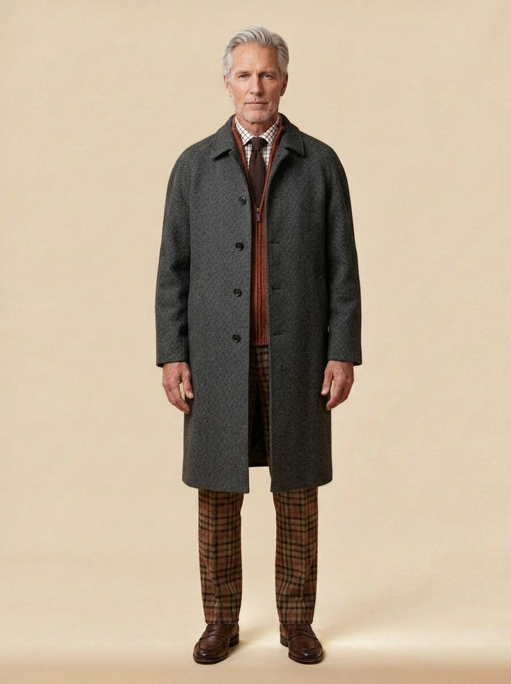Alford herringbone raglan overcoat in Charcoal, studio, Gentlemens Manor
