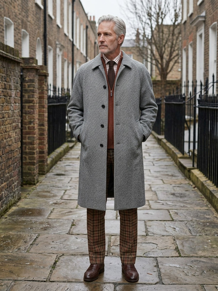 Alford herringbone raglan overcoat in Grey, lifestyle on a street of brick row houses, Gentlemens Manor