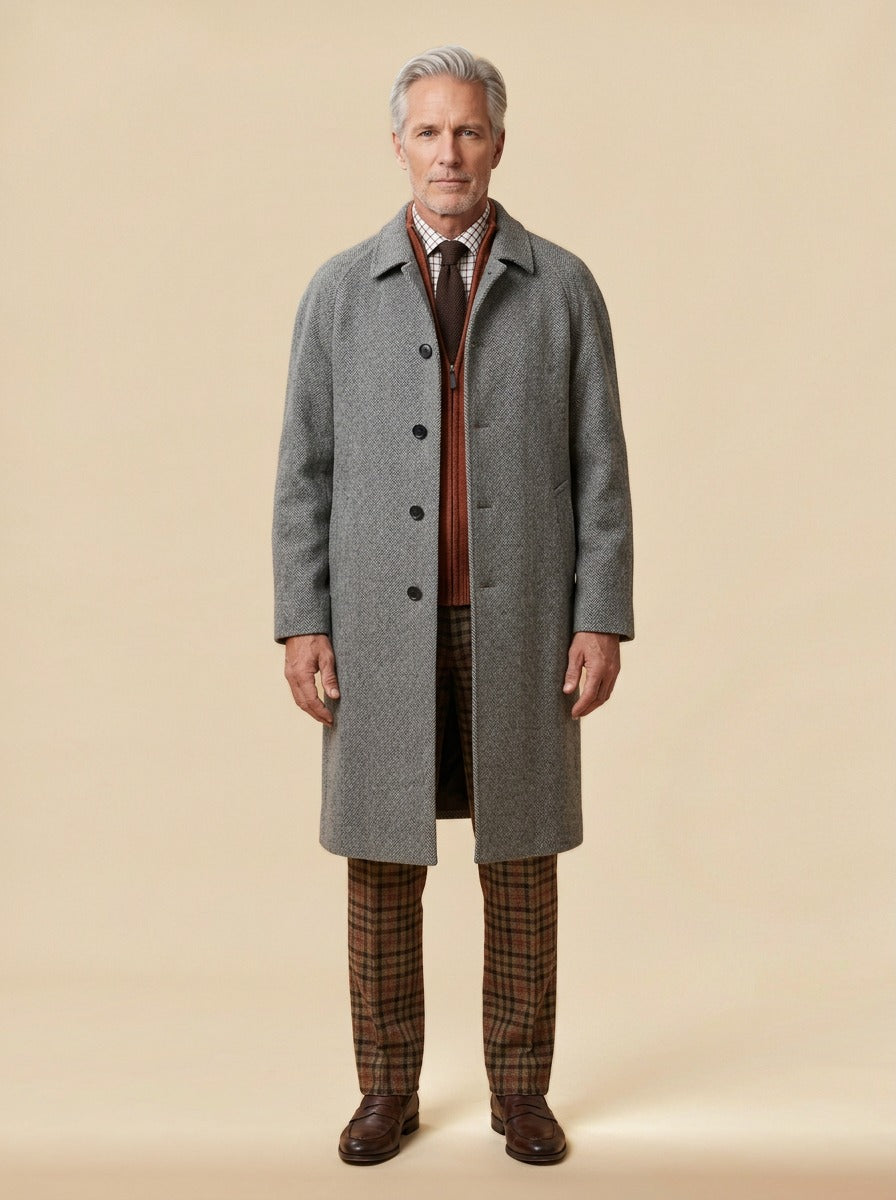 Alford herringbone raglan overcoat in Grey, studio, Gentlemens Manor