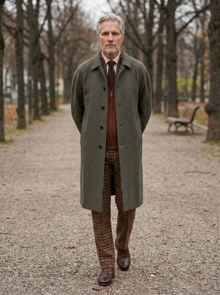 Alford herringbone raglan overcoat in Olive, lifestyle on a park path, Gentlemens Manor