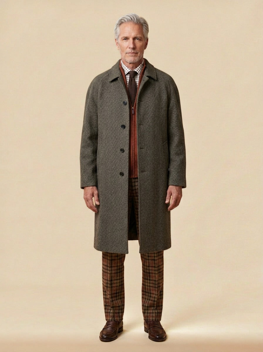 Alford herringbone raglan overcoat in Olive, studio, Gentlemens Manor