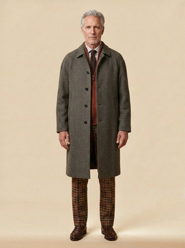 Alford herringbone raglan overcoat in Olive, studio, Gentlemens Manor