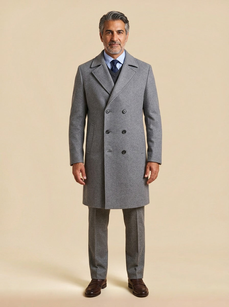 Alistair double breasted quilted lining overcoat in Grey, studio, Gentlemens Manor