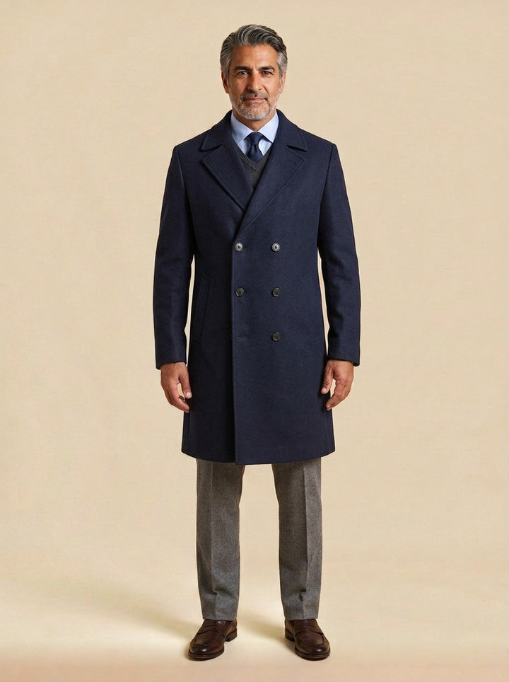 Alistair double breasted quilted lining overcoat in Navy, studio, Gentlemens Manor