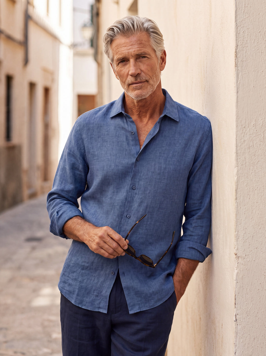 Alonzo Men linen shirt in blue, worn by a model on a Mediterranean terrace - Gentlemens Manor lifestyle