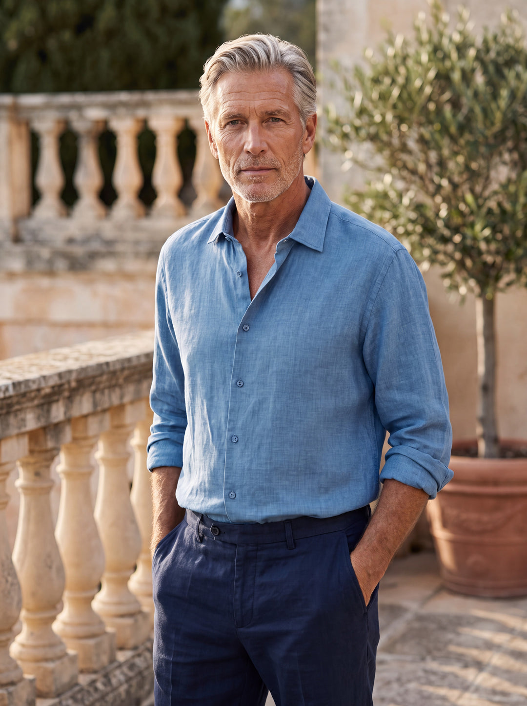 Alonzo Men linen shirt in light blue, worn by a model on a Mediterranean terrace - Gentlemens Manor lifestyle