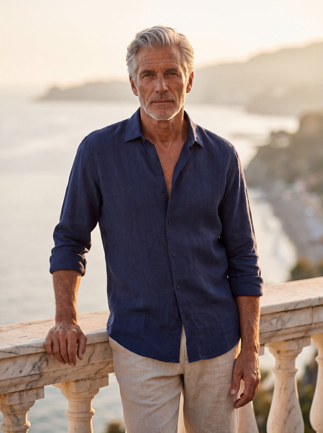 Alonzo Men linen shirt in Navy, worn by a model on a Mediterranean terrace - Gentlemens Manor lifestyle