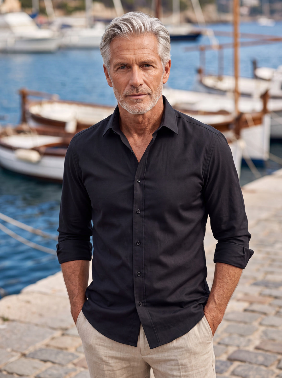 Alvin shirt in Black, worn by a model in a Mediterranean setting - Gentlemens Manor lifestyle