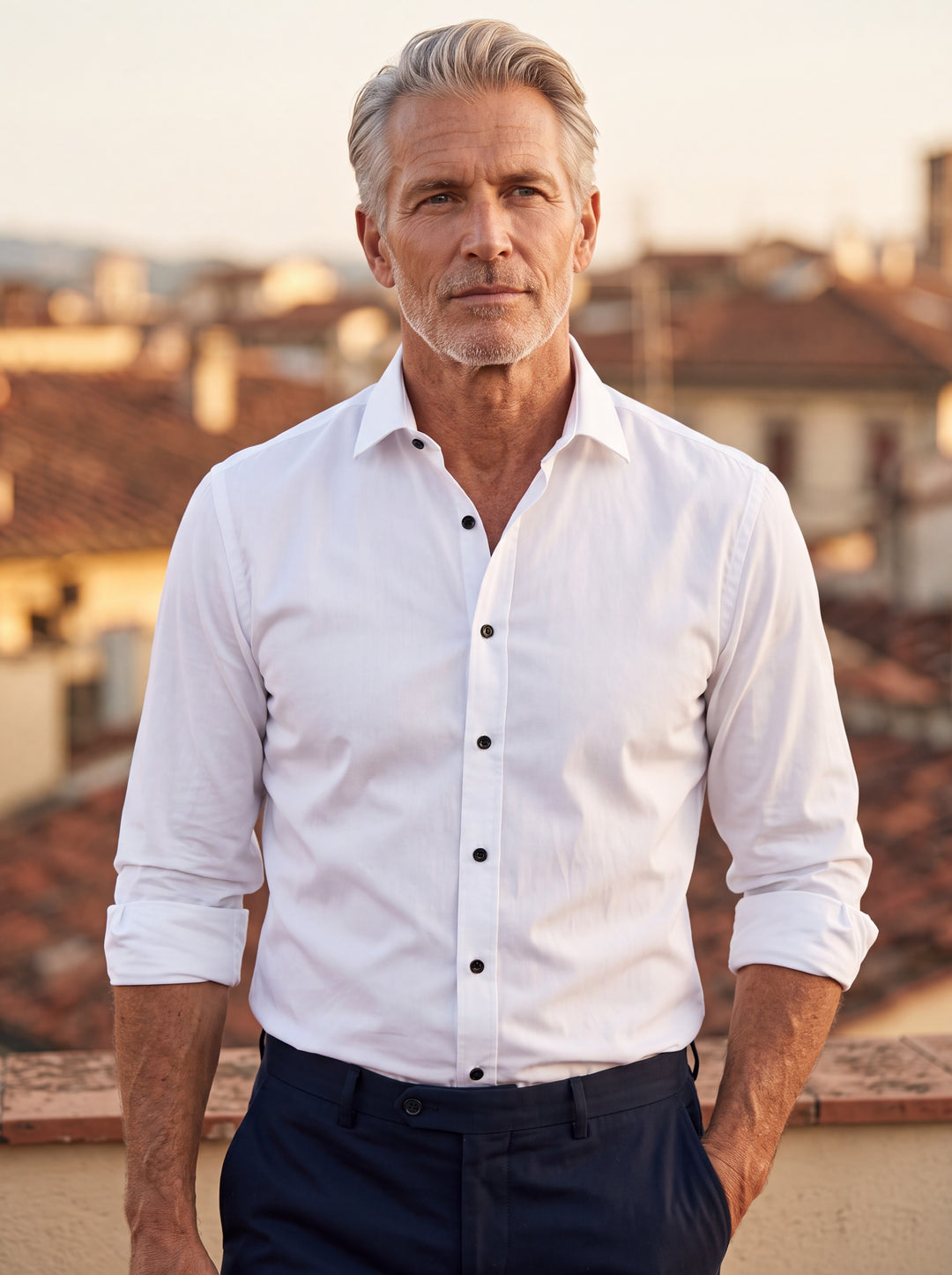 Alvin shirt in White, worn by a model in a Mediterranean setting - Gentlemens Manor lifestyle
