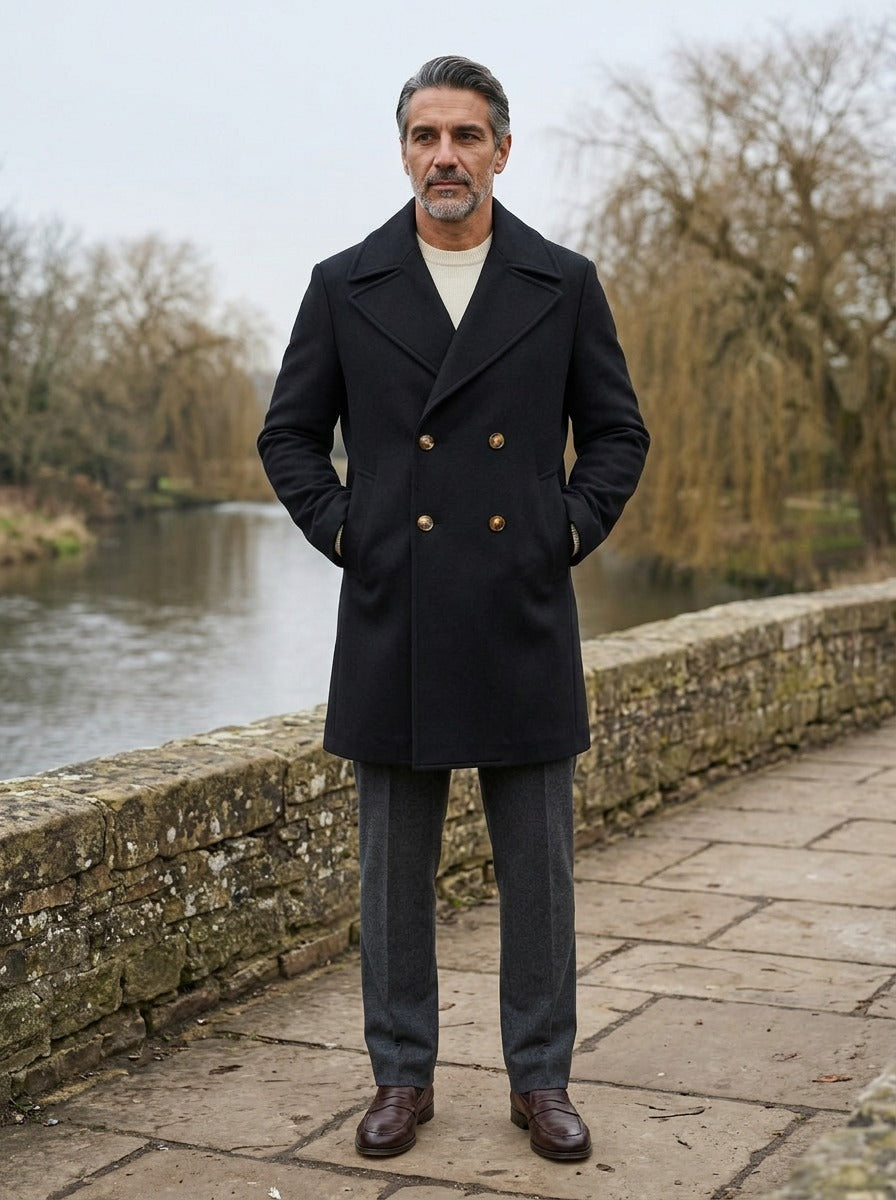 Ames double breasted peacoat in Black, lifestyle on a stone footbridge, Gentlemens Manor