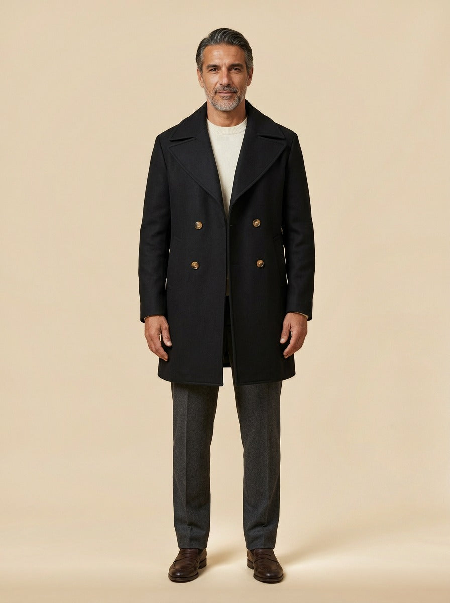 Ames double breasted peacoat in Black, studio, Gentlemens Manor