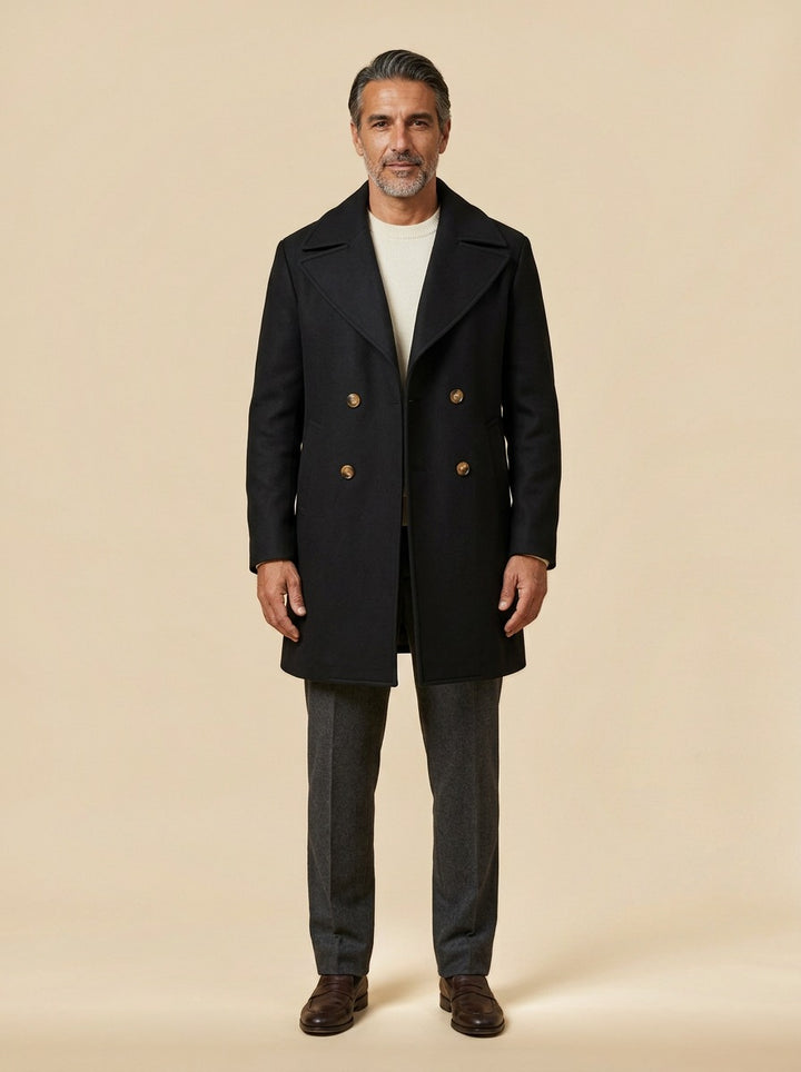 Ames double breasted peacoat in Black, studio, Gentlemens Manor