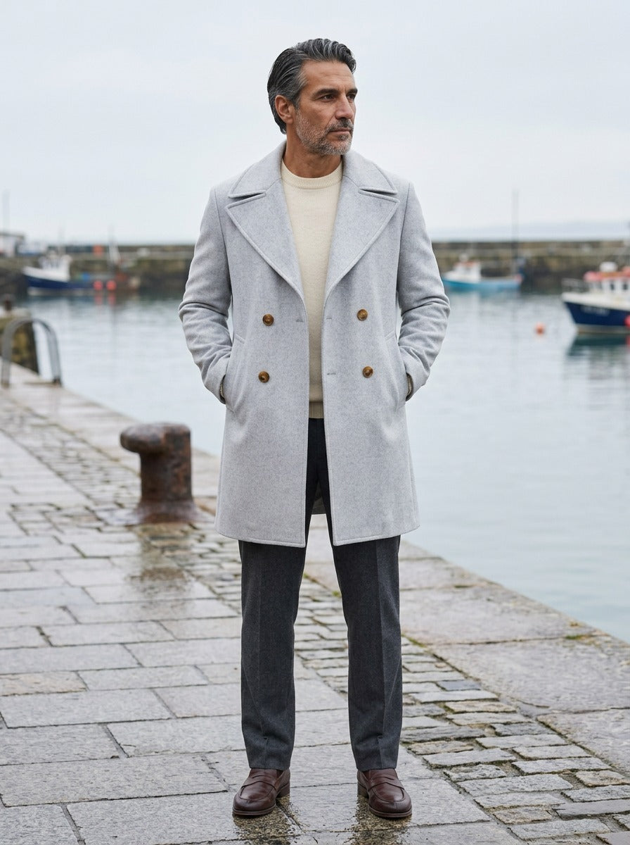 Ames double breasted peacoat in Light Grey, lifestyle on a stone harbor quay, Gentlemens Manor